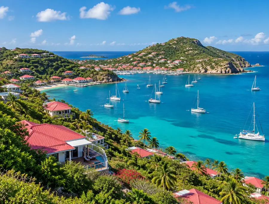 Harbour bay of St Barth with turquoise water and anchored sailboats